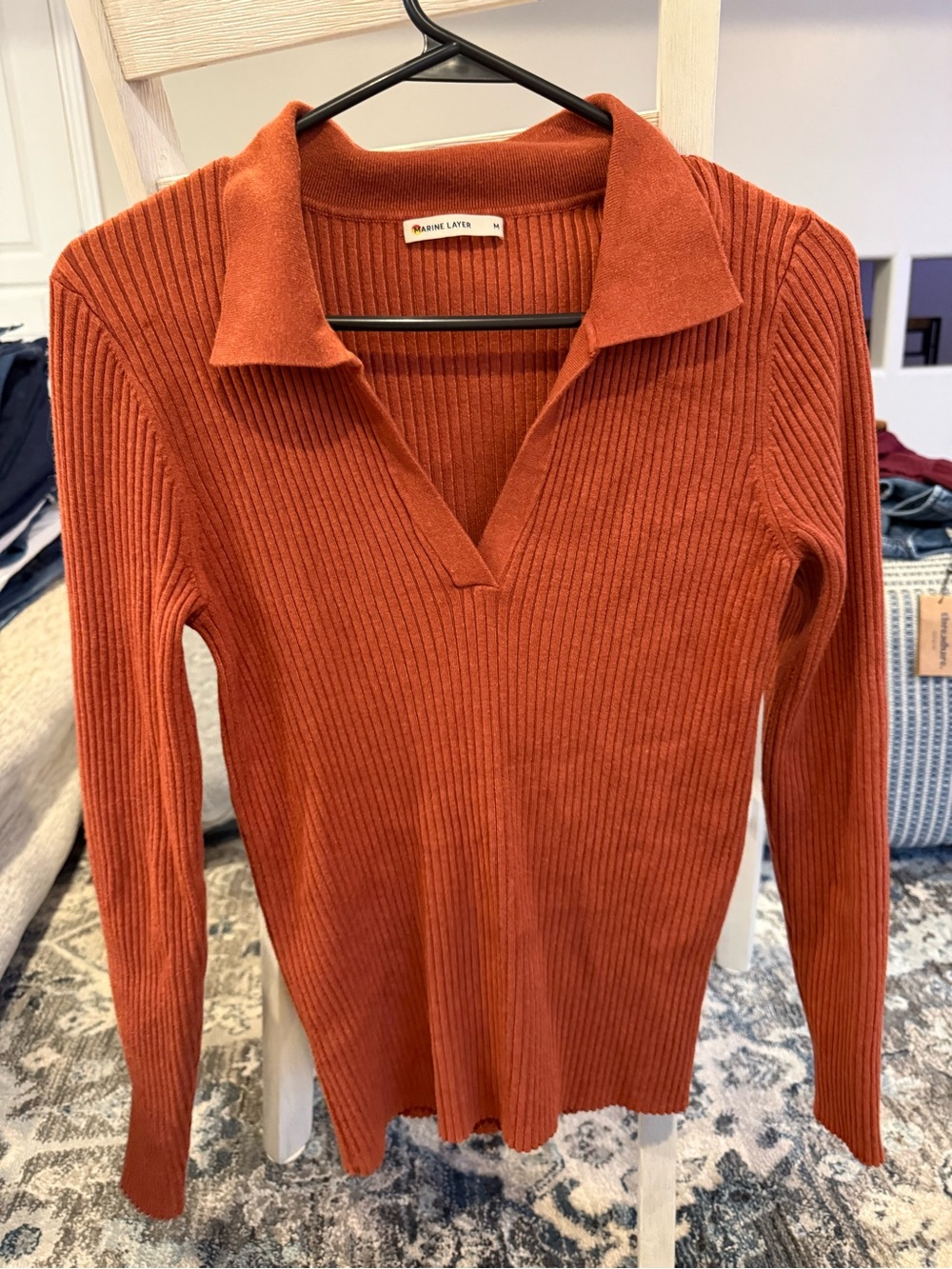 Marine Layer Collared V-Neck Ribbed Sweater in Burnt Orange